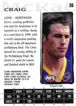 2000 Select AFL Millennium #30 Craig McRae Back